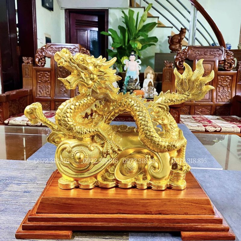 Tượng Rồng Cuộn Long Châu Dát Vàng 24k