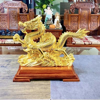 Tượng Rồng Cuộn Nhả Ngọc Dát Vàng 24K